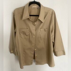 Woman Button Front Shirt Beige Tan Cotton 3/4 Sleeve Women’s Size 20W Plus